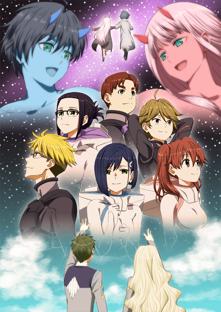 5girls ahoge arms_behind_head bandages bangs black_bodysuit black_cloak black_hair blonde_hair blue_eyes blue_hair blue_horns blue_skin blue_sky bodysuit boots breasts brown_eyes brown_hair child cloak cloud cloudy_sky coat commentary_request couple darling_in_the_franxx day_and_night dual_persona eyebrows_visible_through_hair from_behind fur_boots fur_coat fur_trim futoshi_(darling_in_the_franxx) glasses gloves gorou_(darling_in_the_franxx) green_eyes grey_coat grey_shirt hachi_kou hair_ornament hairclip hand_up hetero high_ponytail hiro_(darling_in_the_franxx) holding_hands hood hooded_cloak horns ichigo_(darling_in_the_franxx) ikuno_(darling_in_the_franxx) kokoro_(darling_in_the_franxx) light_brown_hair long_coat long_hair long_sleeves looking_at_another looking_at_viewer medium_breasts miku_(darling_in_the_franxx) military mitsuru_(darling_in_the_franxx) multiple_boys multiple_girls oni_horns parka pilot_suit pink_hair ponytail purple_eyes purple_hair red_hair red_horns red_skin shirt shirtless short_hair sky small_breasts space star star_(sky) starry_sky thick_eyebrows twintails uniform white_bodysuit white_gloves winter_clothes winter_coat yellow_eyes zero_two_(darling_in_the_franxx) zorome_(darling_in_the_franxx)