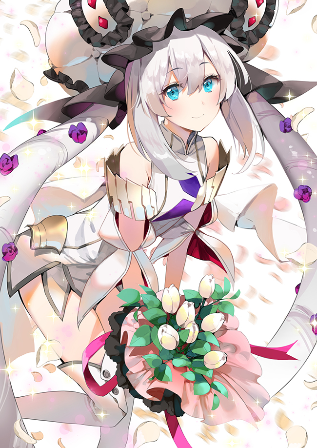 1girl bangs bare_shoulders blue_eyes blush bouquet breasts closed_mouth commentary_request detached_sleeves dress eyebrows_visible_through_hair fate/grand_order fate_(series) flower hair_between_eyes hat head_tilt holding holding_bouquet ice_(ice_aptx) leaning_forward leg_up long_hair looking_at_viewer marie_antoinette_(fate/grand_order) petals sidelocks simple_background sleeveless sleeveless_dress small_breasts smile solo standing standing_on_one_leg thighhighs twintails very_long_hair white_background white_dress white_flower white_hair white_hat white_legwear