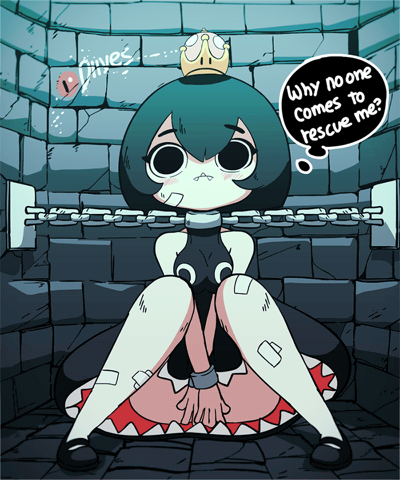 animated artist_name bandaged_leg bandages bdsm black_dress black_hair black_panties blush bob_cut bouncing bouncing_breasts bound breasts cameltoe chain chain_chomp covering crown diives dress dungeon embarrassed english engrish eyebrows_visible_through_hair fangs light_blush looking_at_viewer mario_(series) mini_crown new_super_mario_bros._u_deluxe open_mouth pale_skin panties princess_chain_chomp ranguage restrained sharp_teeth sitting sleeveless solo super_crown super_mario_bros. teeth thought_bubble underwear