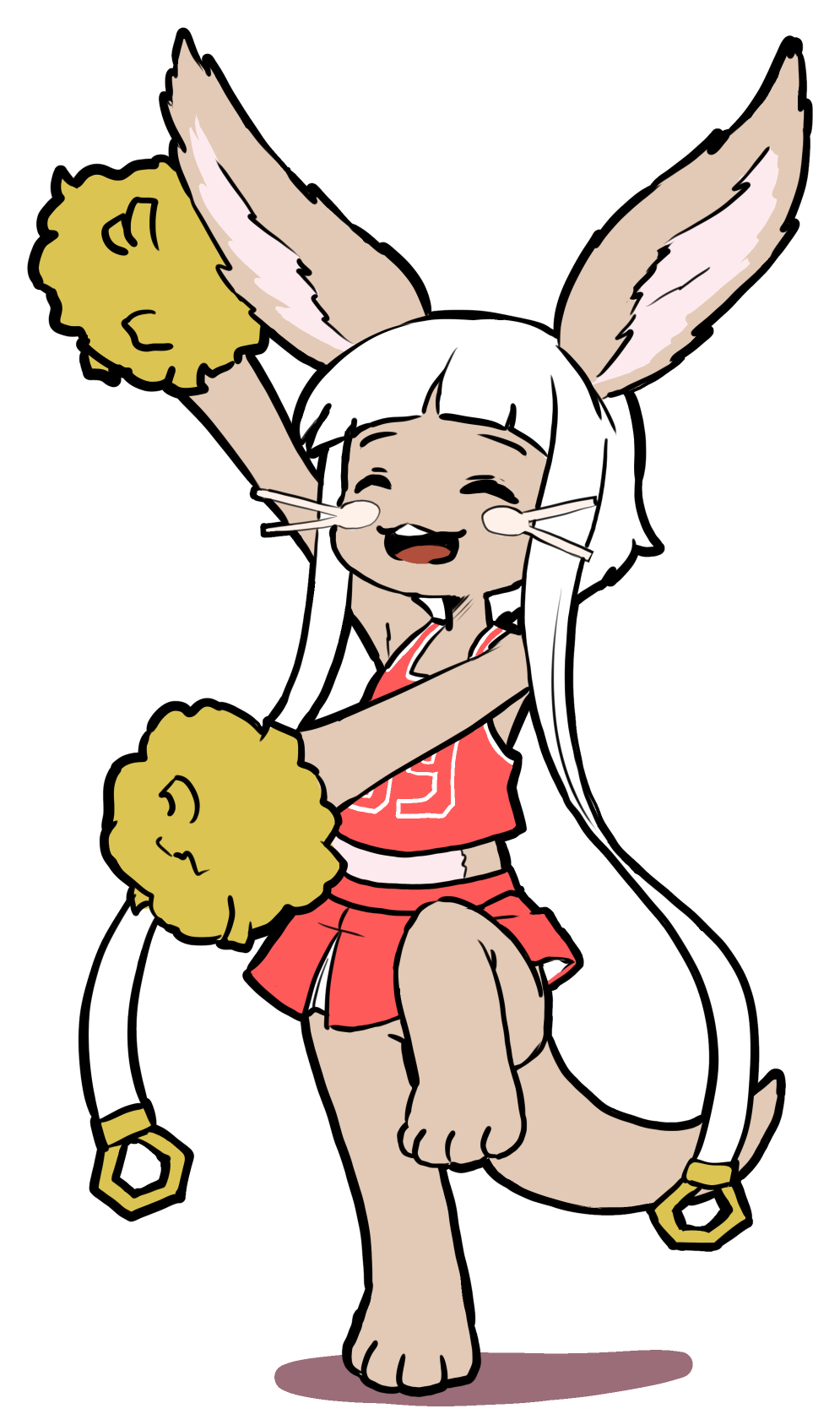 2018 ambiguous_gender anthro barefoot brown_fur cheerleader digital_media_(artwork) eyes_closed fur hair lagomorph made_in_abyss mammal nanachi paws pompoms pose ren-chon simple_background smile solo whiskers white_hair