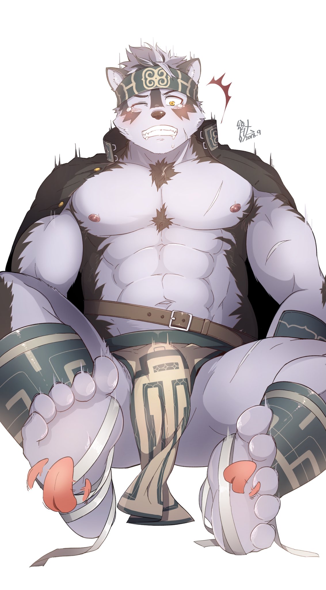 2018 abs anthro biceps canine clothing fur headband hi_res horkeukamui m_ikky male mammal multicolored_fur muscular muscular_male nipples pecs solo tokyo_afterschool_summoners white_fur wolf