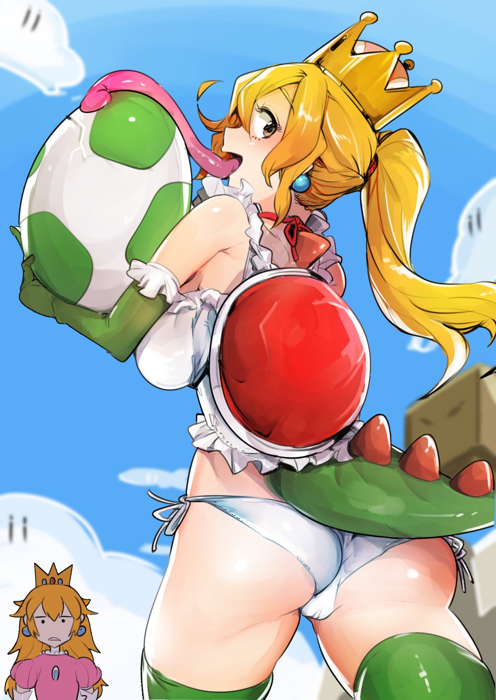 ass bare_shoulders blonde_hair breasts commentary_request crown egg green_legwear highres large_breasts long_tongue looking_at_viewer mario_(series) nakasone_haiji new_super_mario_bros._u_deluxe panties ponytail princess_peach side-tie_panties super_crown tail thighhighs tongue turtle_shell underwear very_long_tongue yoshi