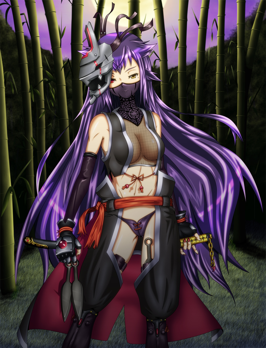 akakimono bamboo bamboo_forest bangs breasts cleavage commentary_request covered_face covered_mouth cross-laced_panties elbow_gloves expressionless face_mask fishnet_top fishnets flower_knot forest full_moon gloves gold_trim grass grassy hair_spread_out heterochromia highres japanese_clothes katana kimono kunai long_hair looking_at_viewer mask mask_on_head medium_breasts mole mole_under_eye moon moonlight nature night ninja ninja_mask on_grass original panties purple_hair purple_panties purple_sky red_eyes sengoku_taisen shiny shiny_hair short_kimono sidelocks solo standing sword tassel toned underwear unmoving_pattern very_long_hair weapon yellow_eyes
