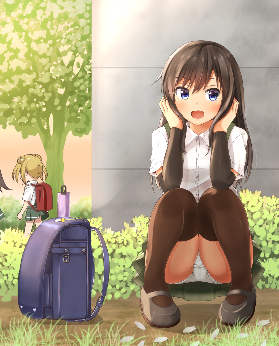 :d arashio_(kantai_collection) arm_warmers asashio_(kantai_collection) backpack backpack_removed bag bangs black_backpack black_hair black_legwear blue_eyes blush comiching commentary_request double_bun dress_shirt eyebrows_visible_through_hair grass green_skirt heart highres kantai_collection long_hair looking_at_viewer mary_janes michishio_(kantai_collection) multiple_girls open_mouth outdoors panties pantyshot pantyshot_(squatting) pantyshot_(standing) pleated_skirt randoseru recorder_case red_backpack shirt shoes short_sleeves skirt smile solo_focus squatting standing suspender_skirt suspenders thighhighs tree twintails underwear upskirt walking white_panties white_shirt