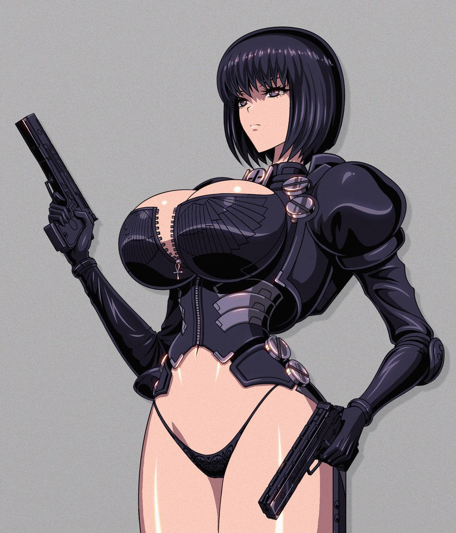 1girl akiranime ankh bangs black_eyes black_hair black_legwear black_panties blunt_bangs bob_cut breasts cleavage cleavage_cutout dual_wielding female gloves gun high_heels highres holding huge_breasts lace lace-trimmed_panties lace_panties lingerie narrow_waist original panties short_hair solo underwear unzipped weapon zipper