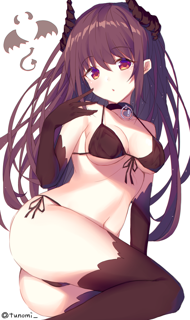 ass bangs bikini black_bikini black_collar black_gloves black_legwear breasts commentary_request demon_girl demon_horns demon_tail elbow_gloves eyebrows_visible_through_hair front-tie_bikini front-tie_top gloves hand_up heart_collar horns long_hair looking_at_viewer medium_breasts navel original parted_lips purple_eyes purple_hair side-tie_bikini side-tie_bottom simple_background sitting solo swimsuit tail thighhighs thighs tsuzaki_tsunomi twitter_username white_background wings