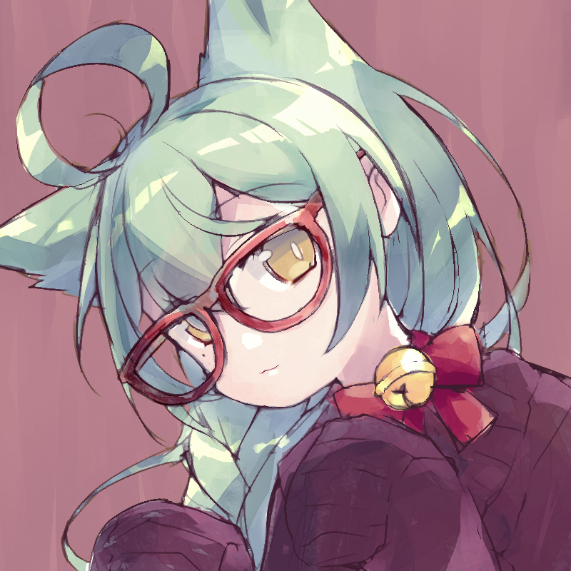 ahoge akashi_(azur_lane) animal_ears azur_lane bangs bell bow braid brown_background brown_eyes brown_sweater cat_ears commentary_request extra_ears eyebrows_visible_through_hair glasses green_hair hair_between_eyes head_tilt jingle_bell long_hair long_sleeves looking_at_viewer pikomarie red-framed_eyewear red_bow sidelocks simple_background sleeves_past_fingers sleeves_past_wrists solo sweater