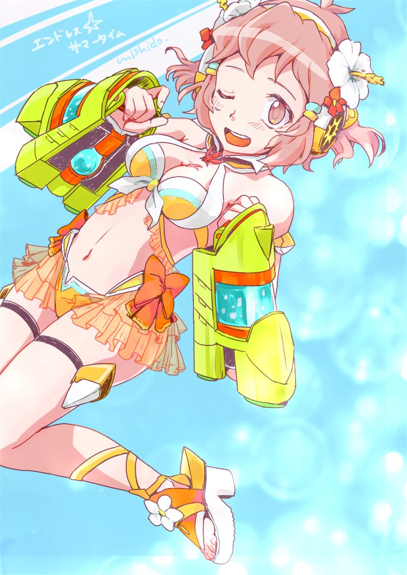 alternate_costume bare_shoulders bikini breasts cleavage commentary_request feet gauntlets hair_ornament hairclip headgear headphones high_heels light_brown_hair looking_at_viewer mecha_musume medium_breasts mishido_sun navel open_mouth senki_zesshou_symphogear senki_zesshou_symphogear_xd_unlimited short_hair smile solo swimsuit tachibana_hibiki_(symphogear)
