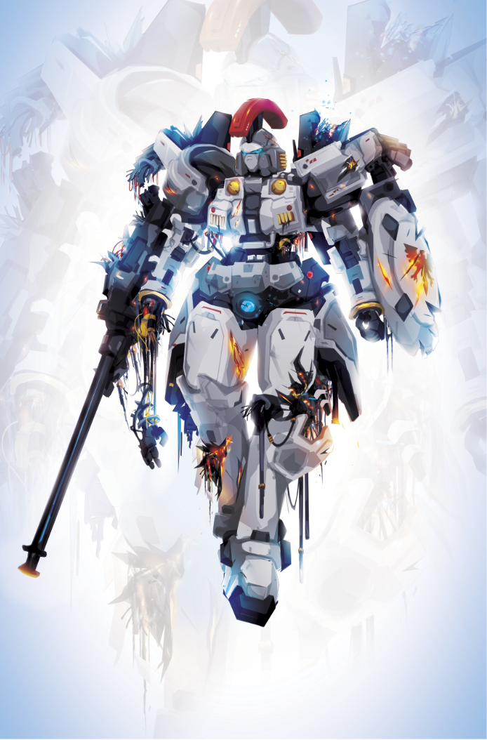 blue_eyes commentary damaged english_commentary gun gundam gundam_wing justin_currie_(chasingartwork) mecha mohawk no_humans rifle shield solo tallgeese weapon zoom_layer