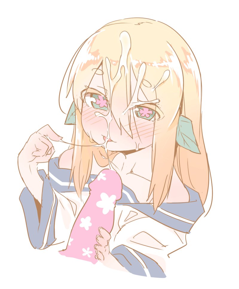 1girl blonde_hair blush character_request cum facial hair_between_eyes leaf long_hair off_shoulder penis raigou simple_background solo_focus symbol-shaped_pupils white_background