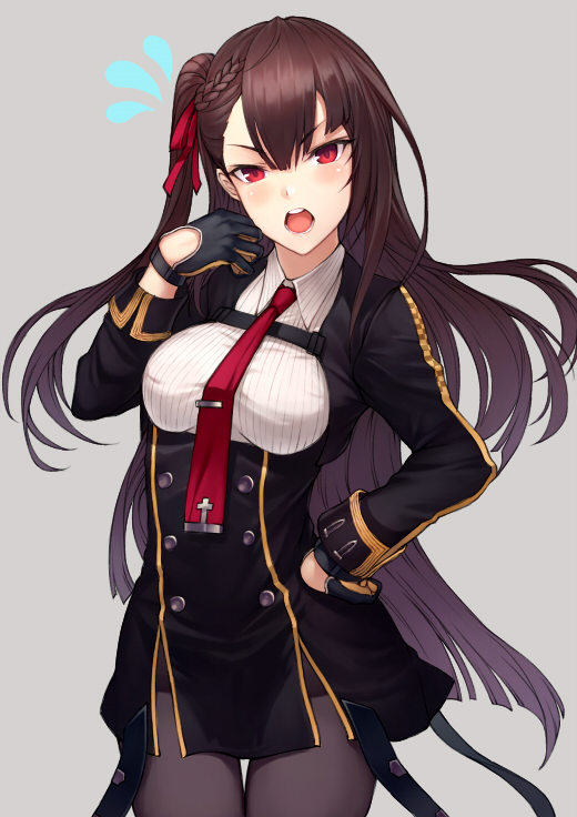 bangs banned_artist black_legwear black_skirt blazer blush braid breasts collared_shirt commentary_request cowboy_shot eyebrows_visible_through_hair flying_sweatdrops framed_breasts french_braid girls_frontline gloves hair_ribbon half_updo hand_on_hip high-waist_skirt jacket kyoeiki large_breasts long_hair long_sleeves looking_at_viewer necktie one_side_up open_mouth pantyhose pelvic_curtain purple_hair red_eyes red_neckwear ribbon shirt sidelocks simple_background skirt solo striped striped_shirt thighband_pantyhose tsundere very_long_hair wa2000_(girls_frontline)
