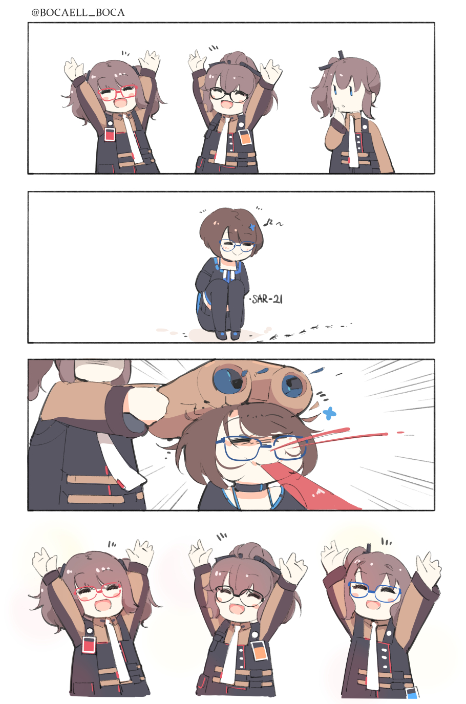 4koma ags-30_(girls_frontline) ant arms_up blood boca brown_hair bug chibi closed_eyes comic commentary_request girls_frontline glasses highres insect military military_uniform multiple_girls necktie open_mouth sar-21_(girls_frontline) sitting thighhighs uniform
