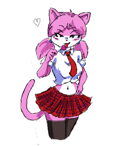&lt;3 absolute_territory aeris_(vg_cats) anthro blue_eyes blush breasts candy cat clothed clothing feline female food fur hair humanoid legwear lollipop looking_at_viewer mammal midriff miniskirt navel necktie pigtails pink_fur pleated_skirt school_uniform seductive shirt simple_background skirt solo standing thigh_highs tongue tongue_out uniform vg_cats webcomic