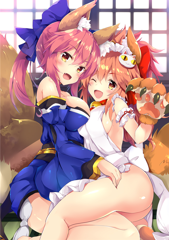 animal_ears apron arm_garter ass bangs bare_shoulders bell bell_collar blue_bow blue_kimono blush bow breasts cat_hair_ornament cat_paws collar commentary_request dual_persona fang fate/extra fate/grand_order fate_(series) fox_ears fox_tail gloves hair_between_eyes hair_bow hair_ornament hips japanese_clothes jingle_bell kimono large_breasts long_hair looking_at_viewer maid_headdress maruchan. multiple_girls naked_apron obi one_eye_closed open_mouth paw_gloves paw_shoes paws pink_hair ponytail red_bow sash shoes sideboob smile tail tamamo_(fate)_(all) tamamo_cat_(fate) tamamo_no_mae_(fate) tassel thighs twintails wide_sleeves yellow_eyes