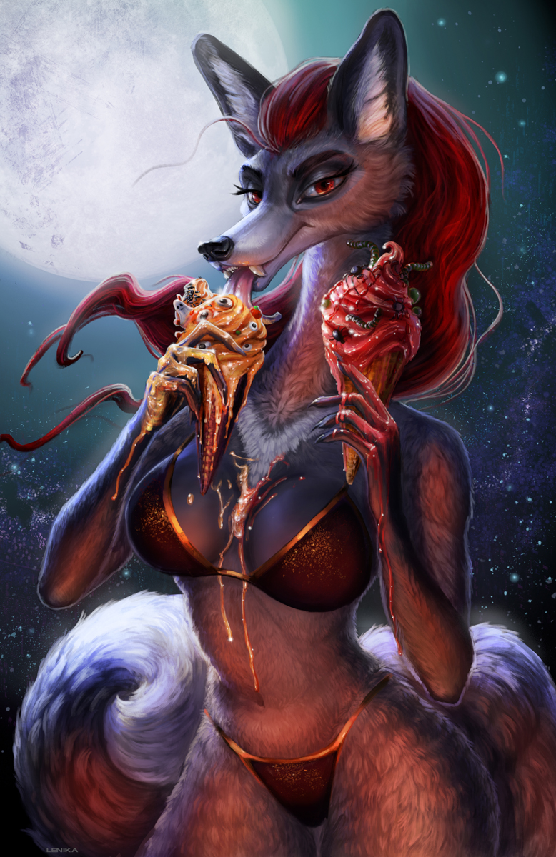 anthro black_nose bra canine claws clothed clothing dessert eyelashes fangs female food fox full_moon hair halloween holding_object holidays ice_cream ice_cream_cone lenika licking lingerie long_hair looking_at_viewer mammal moon navel night outside panties red_eyes red_hair sky solo standing star starry_sky tongue tongue_out underwear vampire vermillion