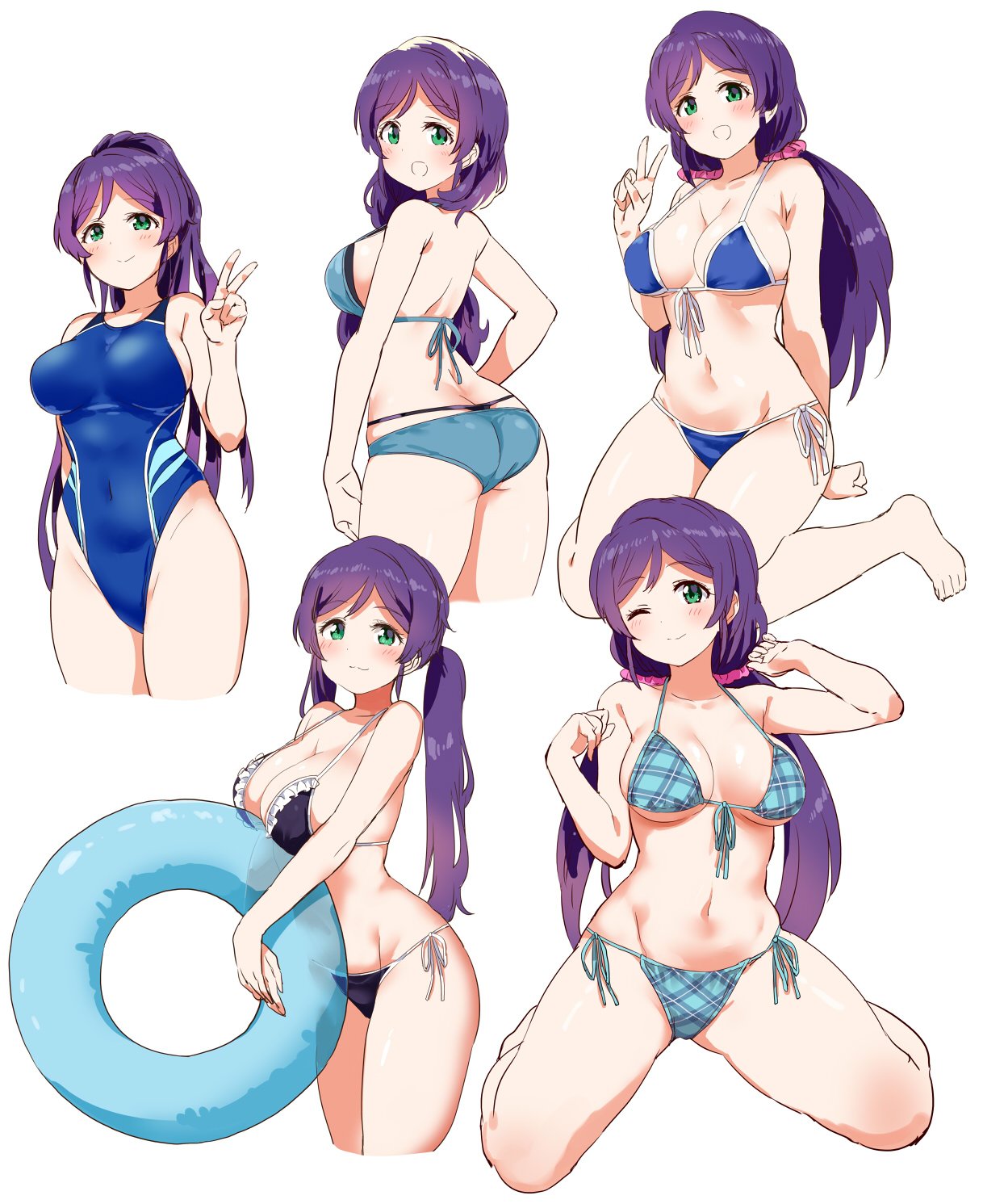:3 ;) alternate_hairstyle ass bikini black_bikini blue_bikini blue_swimsuit breasts cleavage commentary_request competition_swimsuit covered_navel cropped_legs eyebrows_visible_through_hair frilled_bikini_top front-tie_bikini front-tie_top green_eyes highres innertube kurokawa_makoto large_breasts layered_bikini long_hair looking_at_viewer love_live! love_live!_school_idol_project low_twintails multiple_views navel one-piece_swimsuit one_eye_closed plaid plaid_bikini ponytail purple_hair side-tie_bikini simple_background sitting smile swimsuit toujou_nozomi twintails v wariza white_background