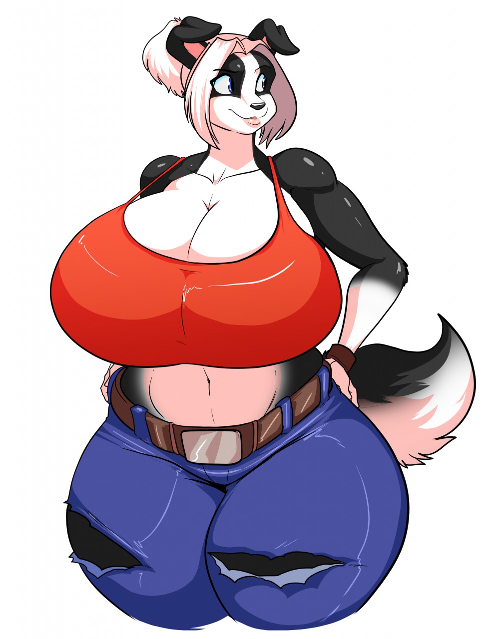 2017 anthro big_breasts black_fur blue_eyes border_collie breasts canine cleavage clothed clothing collie crop_top deep_navel digital_media_(artwork) dog female fur hair hand_on_hip jaeh jeans mammal melinda_pastor_(lildredre) midriff navel pants shirt simple_background smile solo tank_top thick_thighs torn_clothing voluptuous white_background white_fur white_hair wide_hips