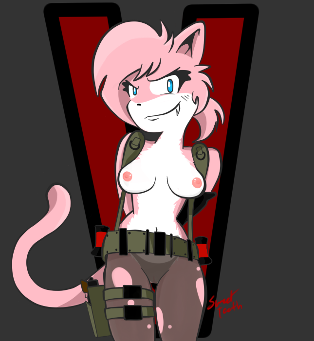 aeris_(vg_cats) anthro blue_eyes breasts cat cleavage clothed clothing crossover cute_fangs feline female fur gun hair handgun humanoid konami legwear looking_at_viewer mammal metal_gear navel nipples pink_fur pink_hair pussy quiet_(metal_gear) ranged_weapon simple_background skimpy smile solo standing stockings topless torn_clothing unknown_artist vg_cats video_games weapon webcomic white_fur