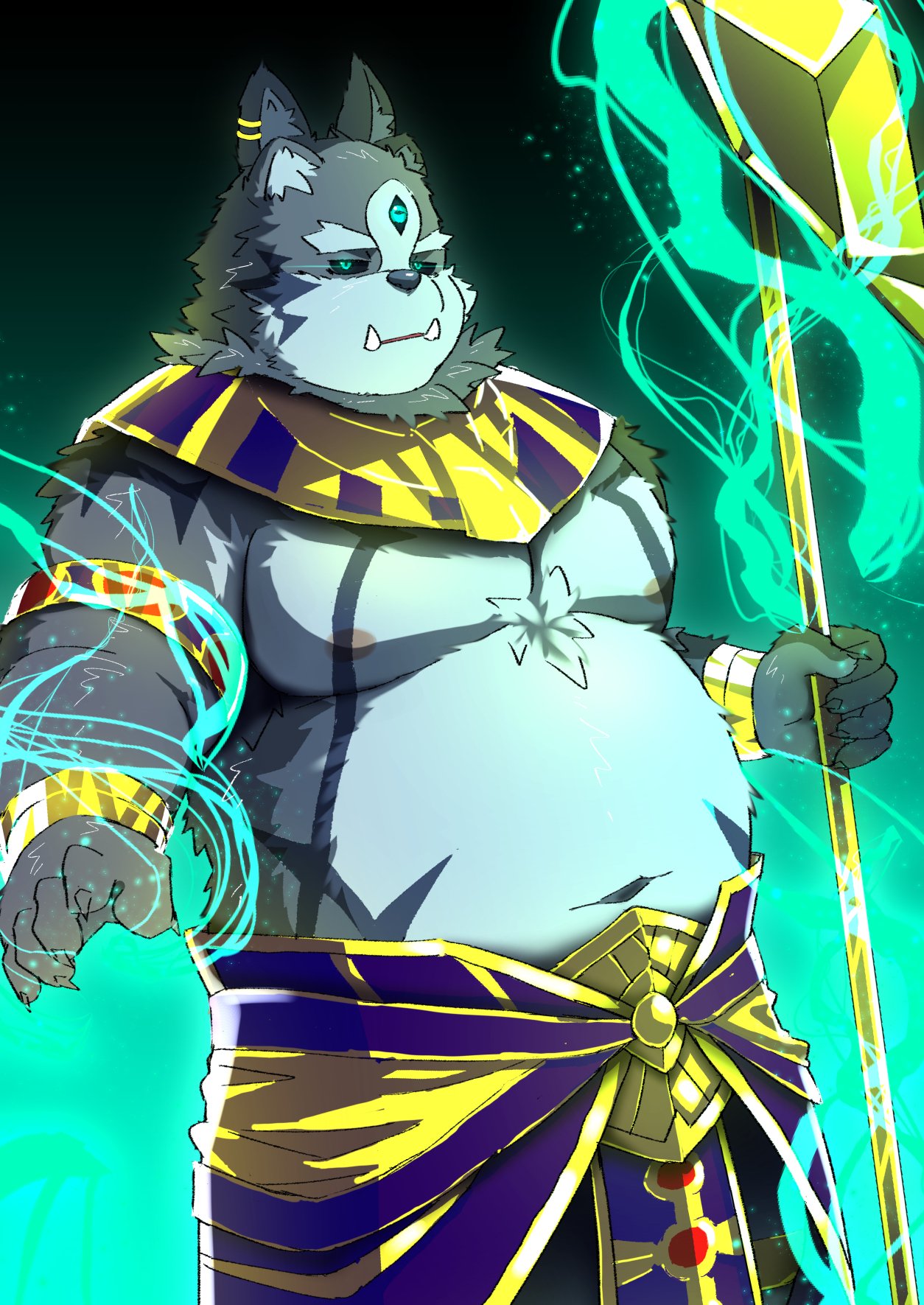 anthro belly canine clothed clothing magic male mammal multi_ear navel nipples overweight ptcmtr solo staff third_eye tokyo_afterschool_summoners topless tsathoggua