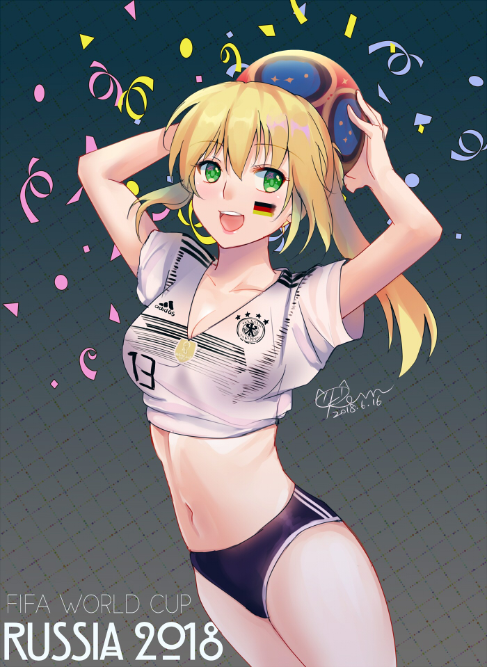 2018_fifa_world_cup :d ball bangs blonde_hair breasts buruma cleavage dated eyebrows_visible_through_hair german_flag germany green_eyes hair_between_eyes kevn long_hair midriff navel open_mouth original shirt_lift short_sleeves smile soccer soccer_ball soccer_uniform solo sportswear stomach world_cup