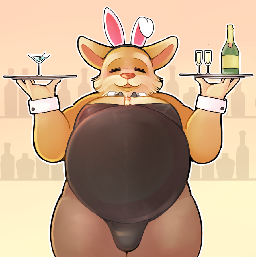 alcohol anthro beard belly beverage big_belly bow_tie bulge bunny_costume clothed clothing costume crossdressing digital_media_(artwork) dota facial_hair fake_ears fake_rabbit_ears fur humanoid_hands legwear male mammal mangix_the_brewmaster orange_fur overweight overweight_male pkaocko playboy_bunny smile solo thick_thighs tights video_games