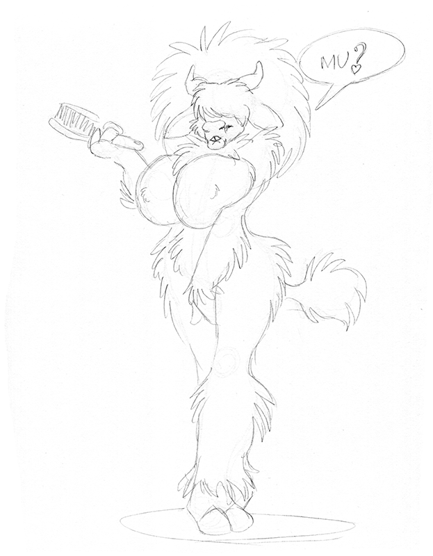 2018 anthro big_breasts breasts dialogue female fluffy hairbrush holding_object horn italian_water_buffalo monochrome naturally_censored neck_tuft nipple_tuft nude simple_background sketch solo standing tuft water_buffalo wolfkidd