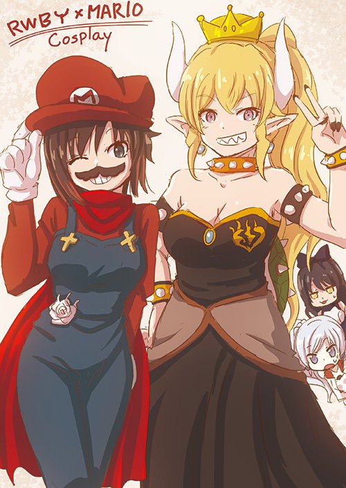 4girls arm armlet bare_shoulders big_tail black_dress blonde_hair bowsette bowsette_(cosplay) bracelet breasts cleavage collar cosplay covered_navel crown dress earrings fake_facial_hair fake_mustache feet_out_of_frame female hat horns jewelry long_hair looking_at_viewer mario_(cosplay) mario_(series) medium_breasts monster_girl multiple_girls new_super_mario_bros._u_deluxe nintendo open_mouth ponytail purple_eyes ruby_rose rwby sharp_teeth shell smile spiked_armlet spiked_bracelet spiked_collar spiked_shell spiked_tail spikes standing strapless strapless_dress super_crown tail teeth turtle_shell wavy_hair wink yang_xiao_long