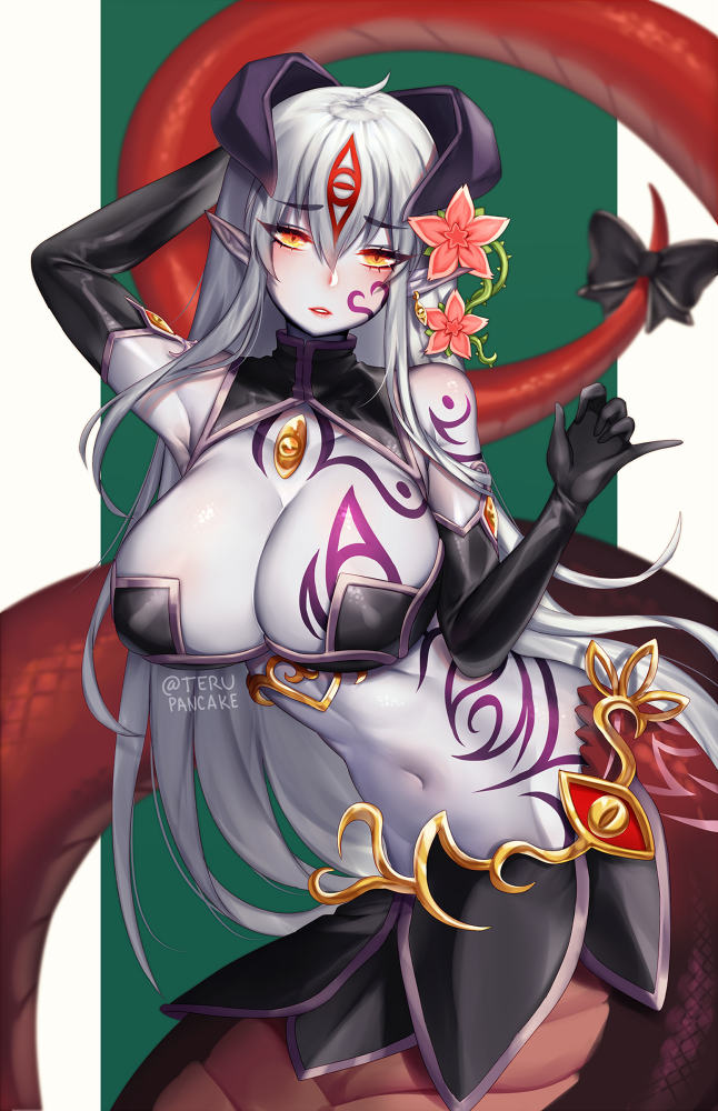 ahoge alisfieze_fateburn_xvi animal_ears bare_shoulders belt black_bow black_gloves blush bow breasts bunny_ears cleavage contrapposto elbow_gloves eyebrows_visible_through_hair flower gloves green_background grey_skin hair_ornament hand_up lamia large_breasts long_hair looking_at_viewer mon-musu_quest! monster_girl navel orange_eyes parted_lips pelvic_curtain pink_flower pointy_ears silver_hair simple_background solo tail tail_bow tattoo terupancake twitter_username very_long_hair