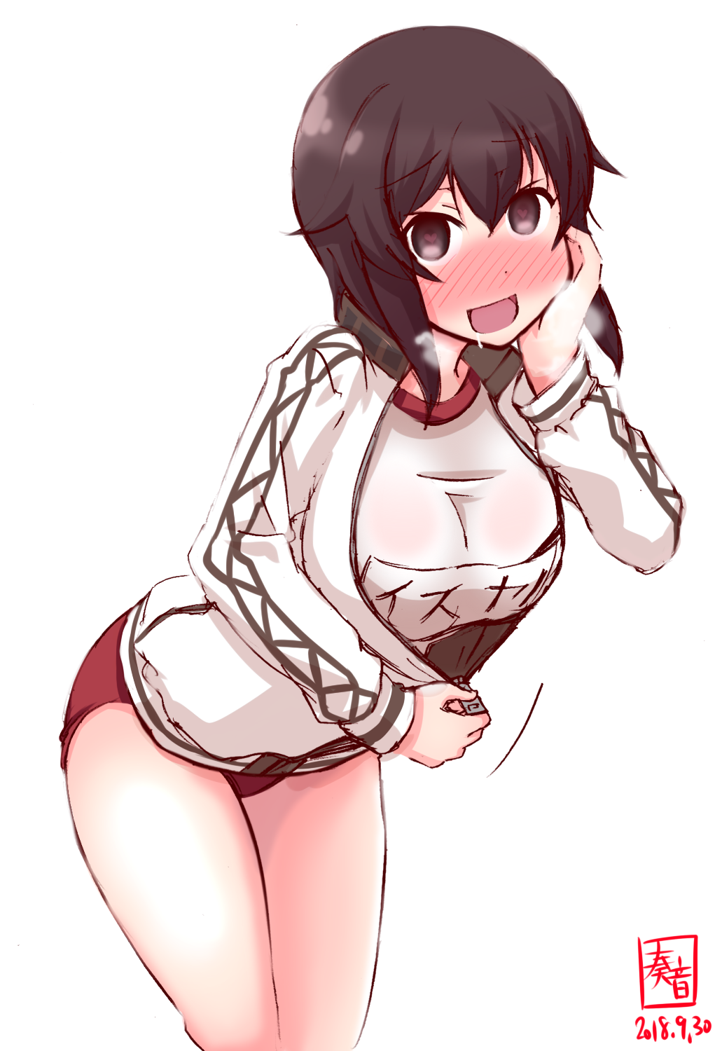 alternate_costume artist_logo black_hair blush breasts breath brown_eyes buruma commentary_request dated eyebrows_visible_through_hair gym_shirt gym_uniform hayasui_(kantai_collection) heart heart-shaped_pupils highres jacket kanon_(kurogane_knights) kantai_collection large_breasts long_sleeves looking_at_viewer open_clothes open_jacket open_mouth red_buruma saliva shirt short_hair short_sleeves signature simple_background solo sweat symbol-shaped_pupils track_jacket unzipped white_background white_jacket white_shirt zipper zipper_pull_tab