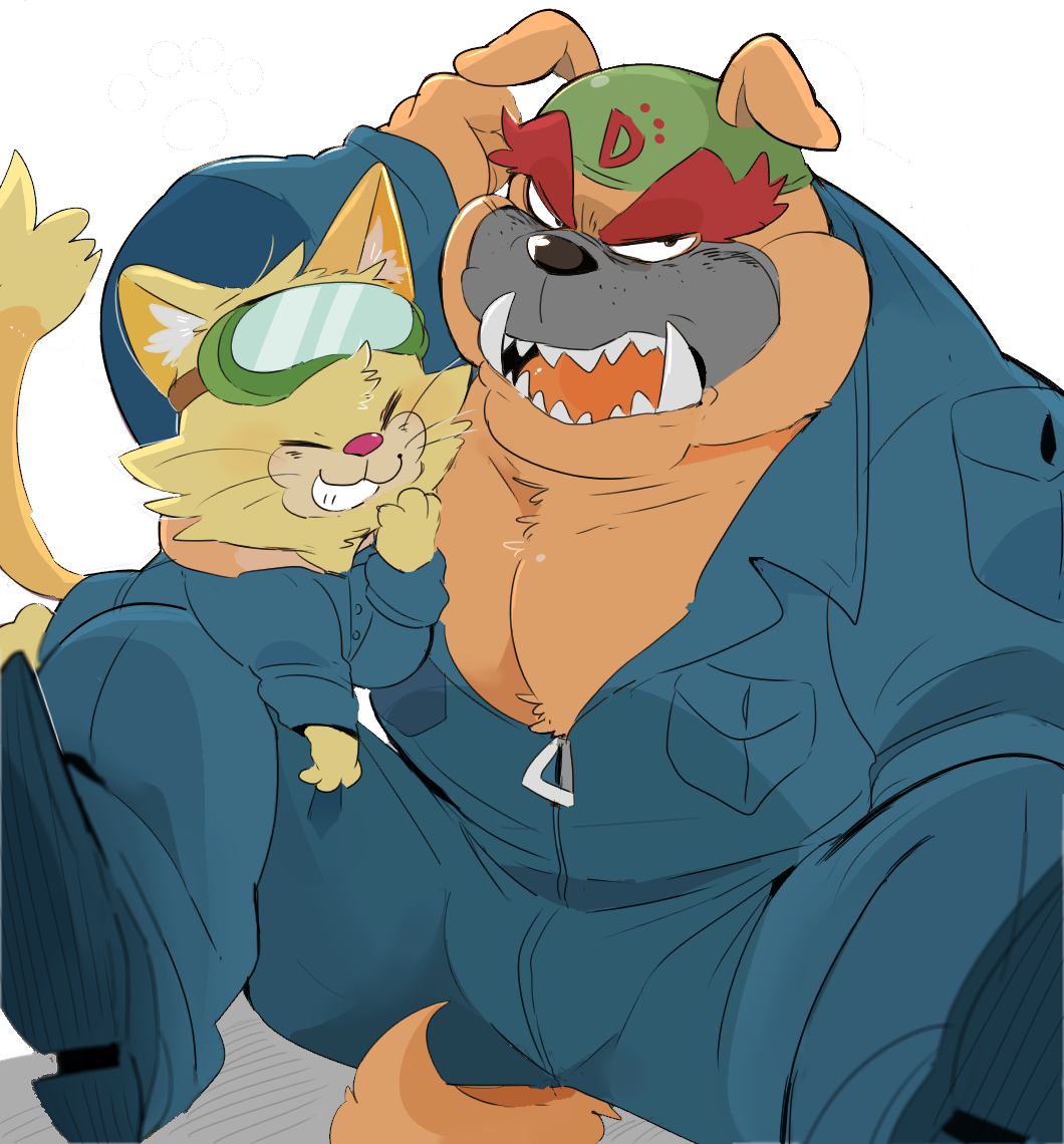 2018 anthro beanie black_nose bulge bulldog canine cat clothed clothing coveralls digital_drawing_(artwork) digital_media_(artwork) dog dribble duo eyebrows eyes_closed eyewear feline fur goggles hair hat hyaku1063 interspecies larger_male long_tail male male/male mammal muscular muscular_male nintendo open_mouth orange_fur pecs red_nose short_tail simple_background sitting size_difference smaller_male smile spitz_(warioware) teeth thick_eyebrows tongue tuft tusks video_games warioware whiskers white_fur yellow_fur zipper