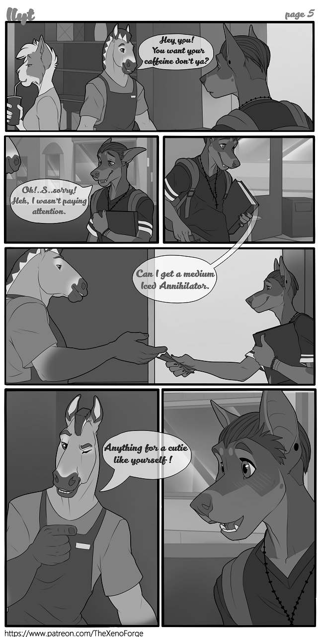 2018 alejandro anthro beverage blush canine clothed clothing comic conditional_dnp david(xenoforge) dialogue digital_drawing_(artwork) digital_media_(artwork) doberman dog duo english_text equine full-length_portrait fur hair hi_res male mammal muscular open_mouth phone portrait shower smile standing text xenoforge