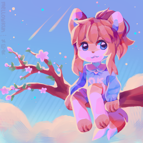 :3 anthro blue_eyes brown_fur brown_hair cat chibi clothed clothing cloud cute digital_media_(artwork) dipstick_tail feline female flower fur hair looking_away mammal mellow_(mellowkun) mellowkun multicolored_tail outside paws plant ponytail portrait shirt shooting_star shorts sitting sky smile solo star text tree white_fur