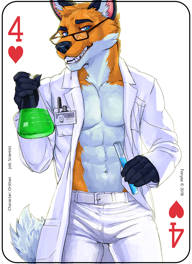 2018 abs anthro blue_eyes canine card clothed clothing coat digital_media_(artwork) english_text eyewear fonyaa fox fur glasses holding_object lab_coat looking_at_viewer male mammal muscular muscular_male orange_fur pants pecs playing_card red_fox science simple_background smile solo standing teeth text vial white_background white_fur