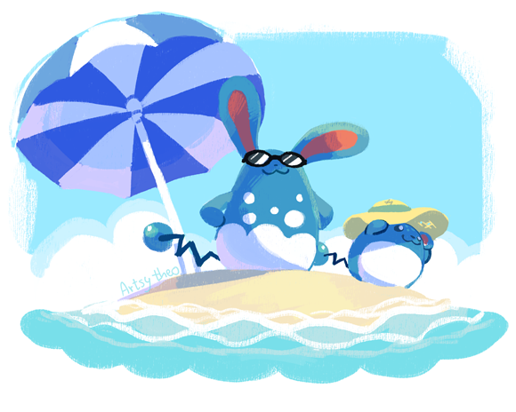 :3 artsy-theo azumarill beach blue blue_sky closed_mouth cloud creature creatures_(company) day evolution game_freak gen_2_pokemon hat marill nintendo no_humans ocean parasol pokemon pokemon_(creature) sand sky sun_hat sunglasses umbrella