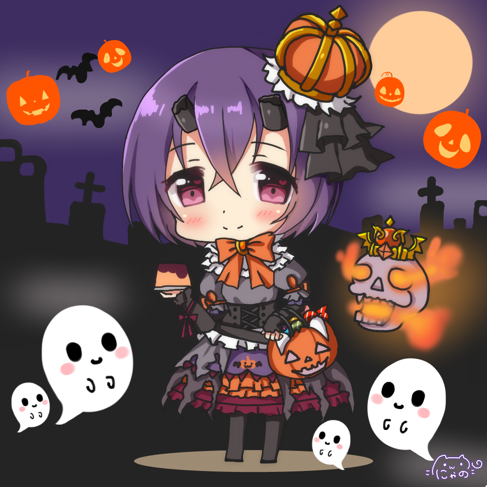 bangs black_legwear black_shirt blush broken_horn character_request chibi closed_mouth commentary_request corset crown eyebrows_visible_through_hair fire flaming_skull food full_moon ghost gothic_lolita hair_between_eyes halloween halloween_basket heart heart_in_eye horns jack-o'-lantern lolita_fashion long_sleeves mini_crown moon night night_sky nyano21 outdoors pantyhose princess_connect! princess_connect!_re:dive pudding puffy_short_sleeves puffy_sleeves purple_eyes purple_hair purple_skirt shirt short_hair short_over_long_sleeves short_sleeves signature skirt skull sky sleeves_past_wrists smile solo standing symbol_in_eye tilted_headwear tombstone