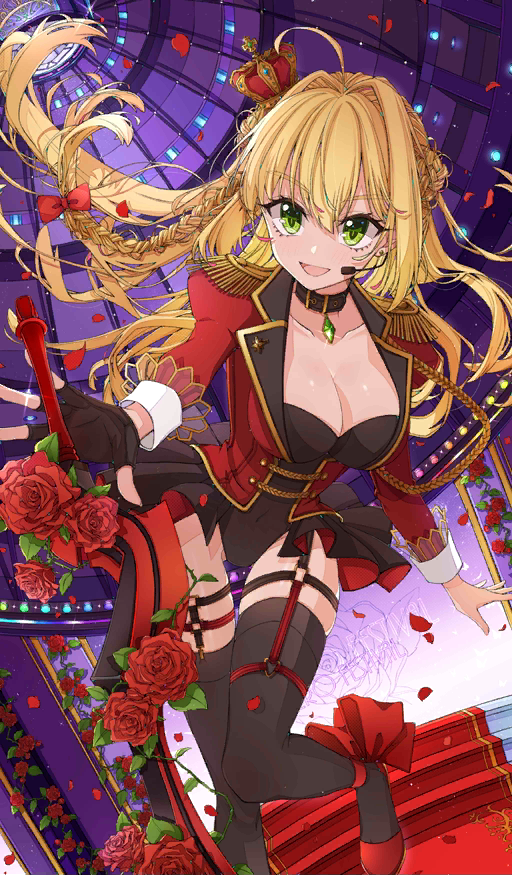 :d aestus_estus alternate_costume black_legwear black_skirt blonde_hair braid breasts choker cleavage commentary_request craft_essence crown dome eyelashes fate/grand_order fate_(series) flower garter_straps green_eyes hair_ribbon headset jacket large_breasts leaning_forward long_hair looking_at_viewer microphone mini_crown nero_claudius_(fate) nero_claudius_(fate)_(all) official_art open_mouth osanai petals red_carpet red_flower red_jacket red_rose return_match ribbon rose rose_petals single_braid skirt smile solo stairs sword thigh_strap thighhighs weapon