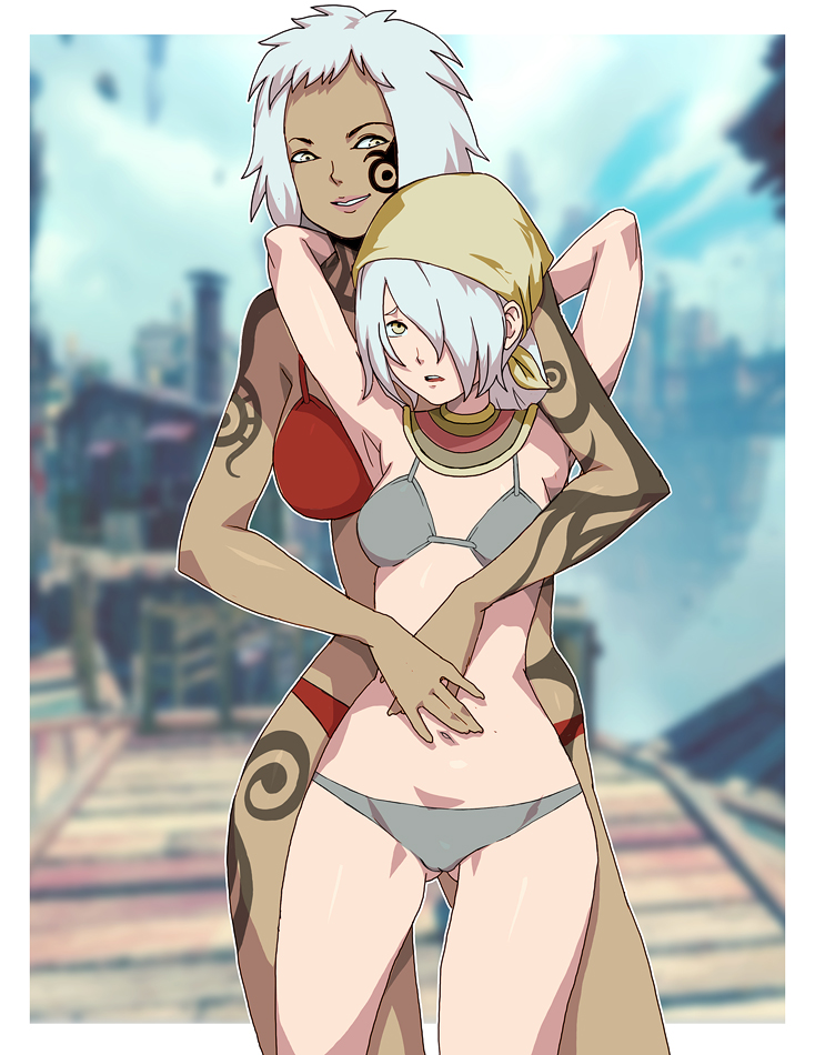 2girls bikini breasts brown_skin cecie_(gravity_daze) daga gravity_daze gravity_daze_2 lisa_(gravity_daze) looking_at_the_viewer mother_and_daughter multiple_girls navel open_mouth sad_face small_breasts smile swimsuit tagme tattoo white_hair yellow_eye