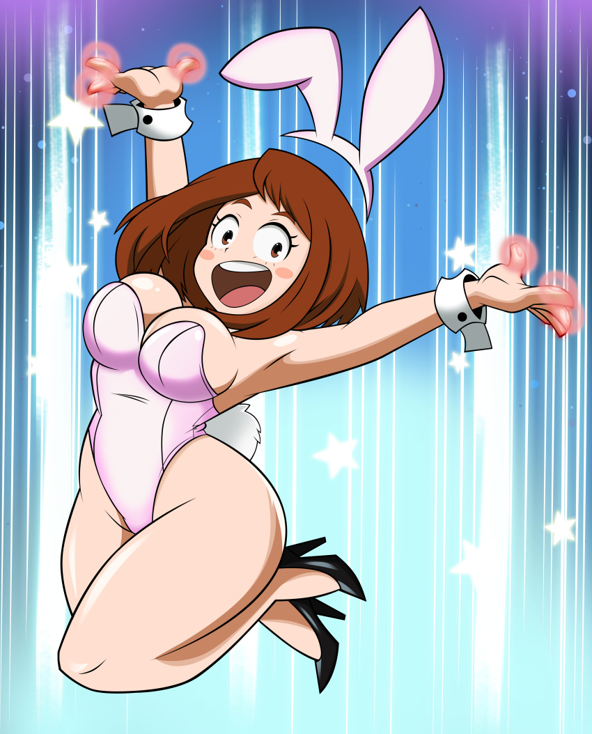 1_girl animal_ears ass boku_no_hero_academia breasts brown_eyes brown_hair bunny_ears bunny_suit bunny_tail cleavage curvy eyelashes fake_tail female grimphantom heels high_heels hips jumping large_breasts leotard looking_at_viewer open_mouth pose short_hair solo tail thick_thighs thighs uraraka_ochako wide_hips