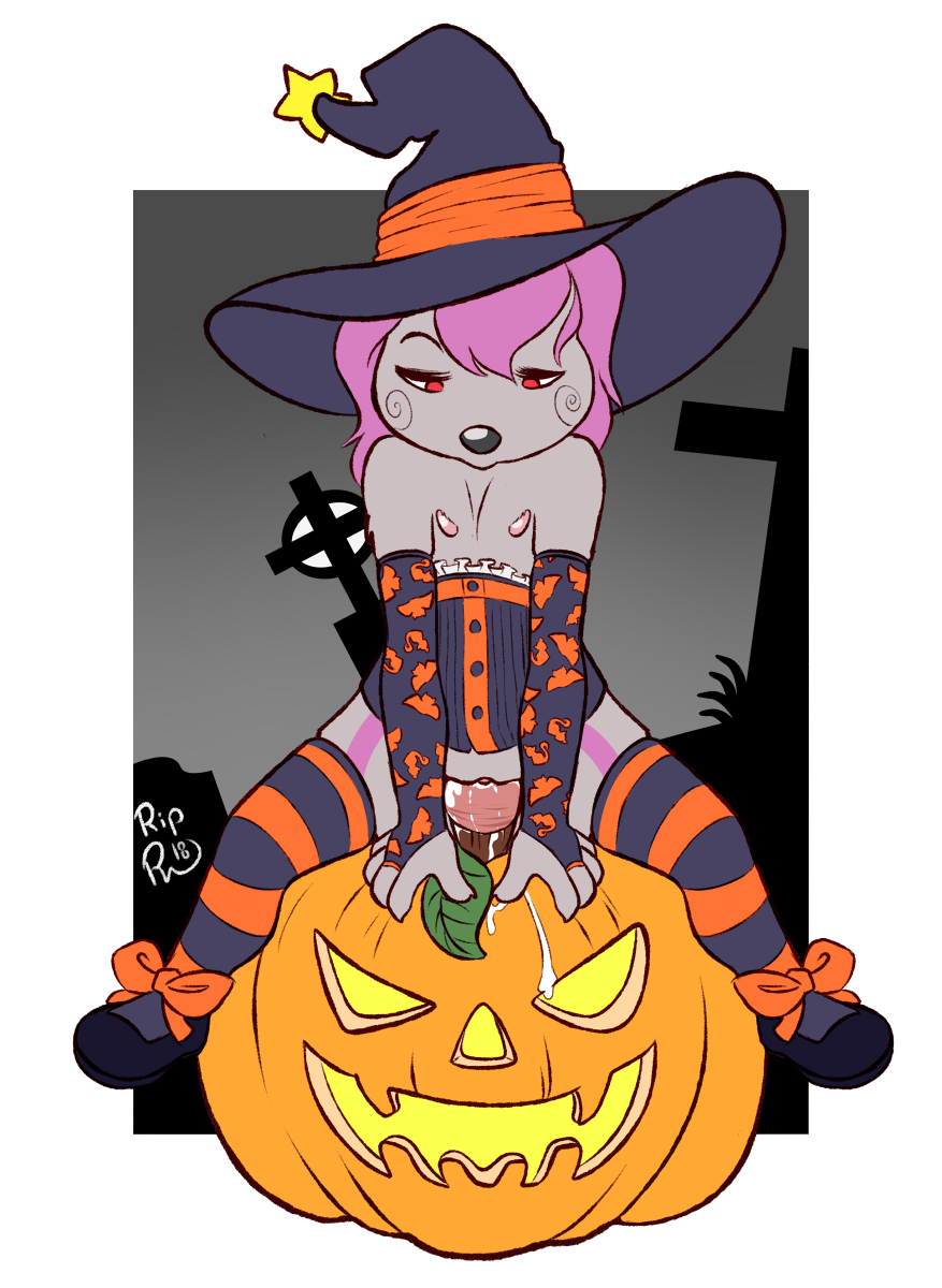 2018 clothing cub cum digital_media_(artwork) female flat_chested food foxotter fruit hair halloween hat holidays jack_o'lantern legwear mammal mustelid nipples otter penetration pink_hair prolapse pumpkin pussy pyravia red_eyes rogerbutsmaller solo thigh_highs vaginal vaginal_prolapse witch_hat young