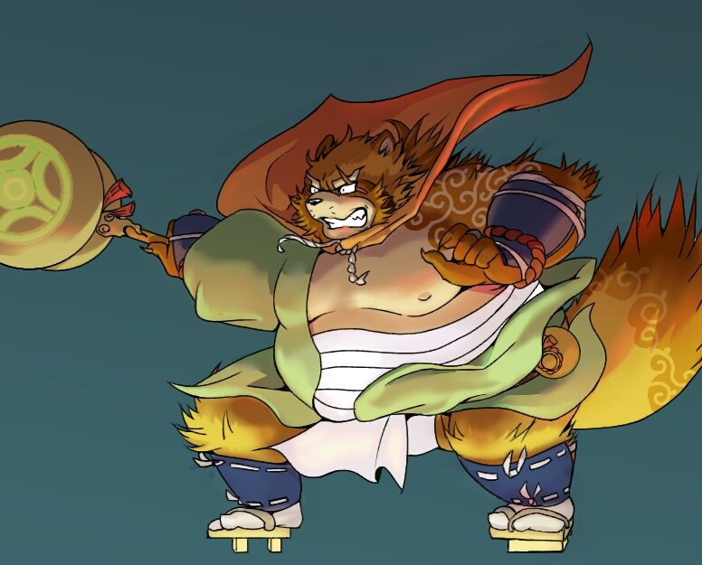 anthro baku_hosamo belly big_belly canine clothed clothing crouching fundoshi gyobu hammer japanese_clothing jewelry male mammal musclegut muscular muscular_male necklace nipples overweight overweight_male robe scar solo tanuki tattoo tokyo_afterschool_summoners tools underwear