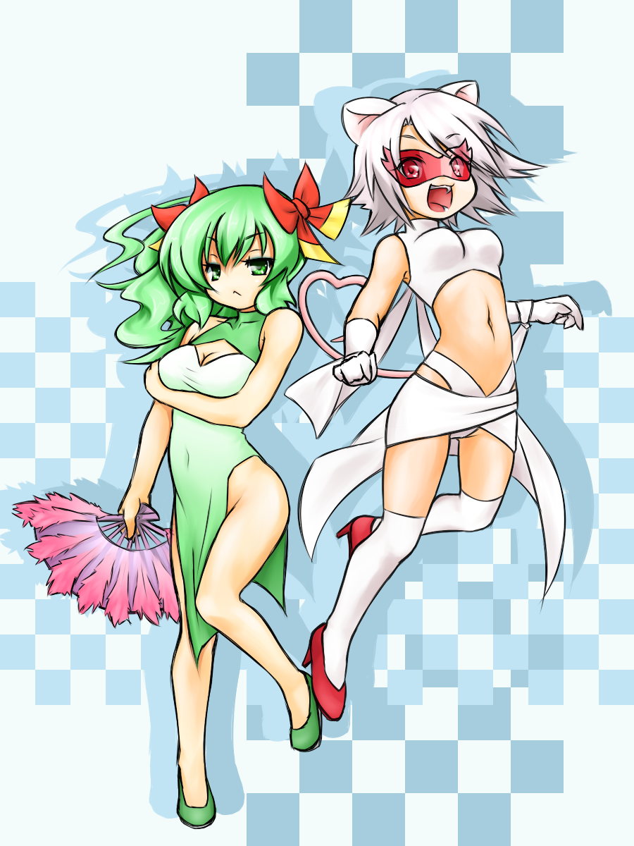 :&lt; :d animal_ears arm_under_breasts bow breasts china_dress chinese_clothes cleavage cleavage_cutout dress fan feather_fan folding_fan gloves green_eyes green_footwear green_hair hair_bow hatori_tsukasa heart heart_tail high_heels highres long_hair mario_(series) mask medium_breasts midriff mouse_ears ms._mowz multiple_girls navel open_mouth paper_mario paper_mario:_the_thousand_year_door personification red_bow red_eyes red_footwear resaresa short_hair side_slit smile tail thighhighs white_gloves white_hair white_legwear