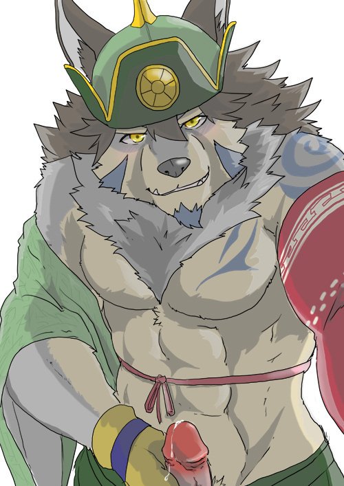 abs canine clothed clothing fur gloves grey_fur grin hat holding_penis ilan1985 male mammal pecs penis precum reaching_towards_viewer smile tattoo temujin tokyo_afterschool_summoners topless undressing wolf