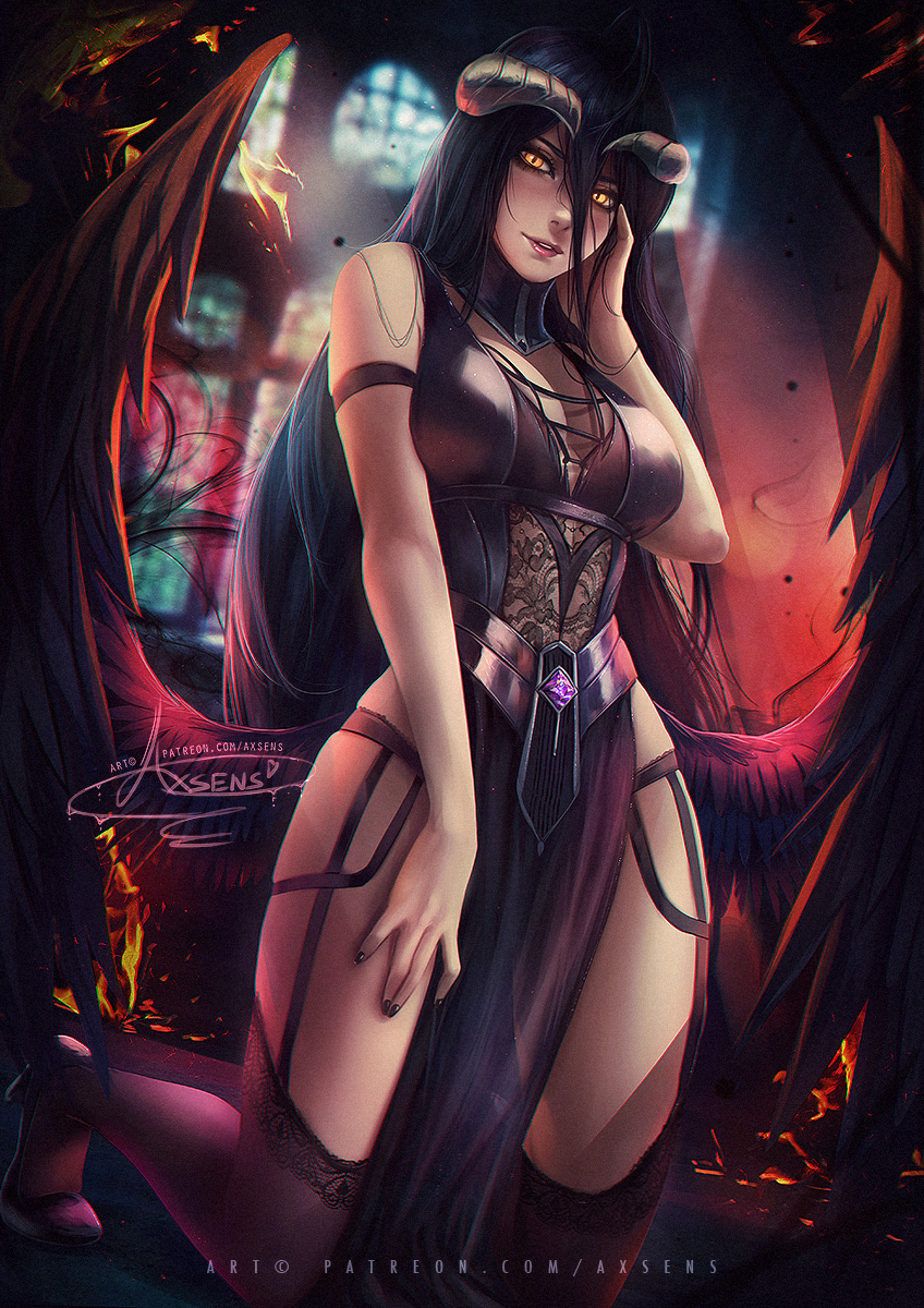 albedo alexandra_mae artist_name banned_artist bare_shoulders black_hair breasts commentary fingernails hand_on_own_face highres horns long_hair looking_at_viewer overlord_(maruyama) solo wings yellow_eyes