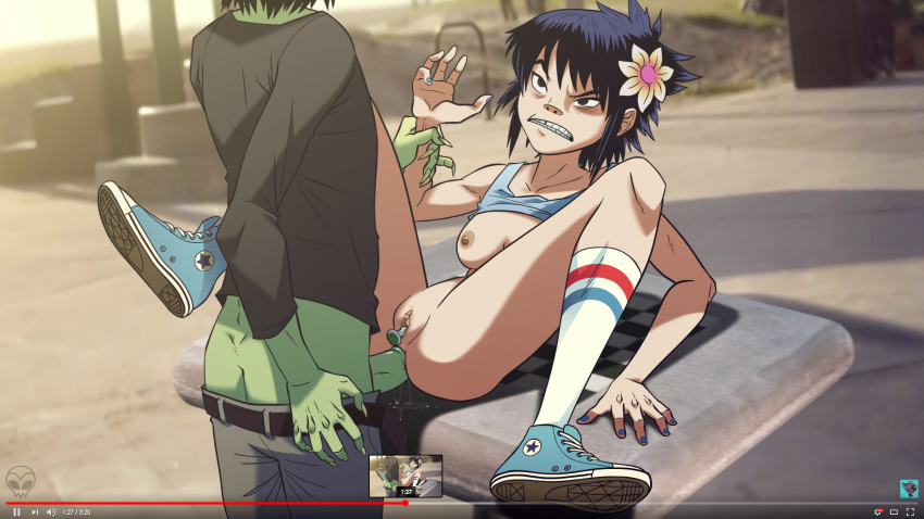 1girl anal anal_insertion black_hair breasts converse eyeshadow flower gorillaz hair_between_eyes hair_flower hair_ornament hairless_pussy head_tilt makeup missionary naughty_face no_panties noodle_(gorillaz) shaved shaved_pussy shoes small_breasts sneakers socks vaginal_insertion