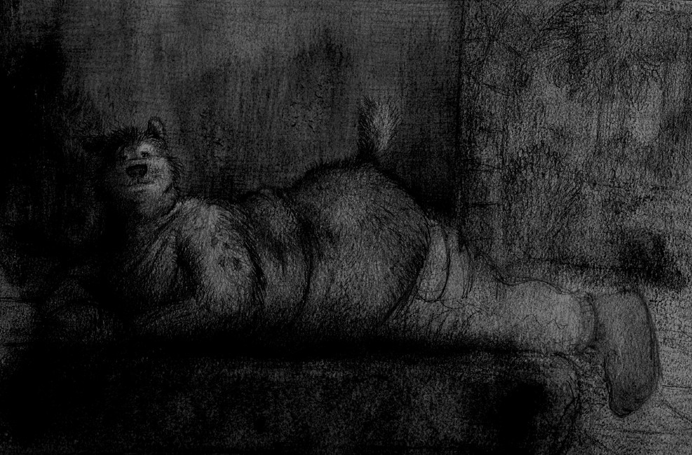 ambiguous_gender anthro badger bd bed black_and_white butt clothed clothing dark fur looking_at_viewer lying mammal monochrome mustelid on_bed on_front overweight pencil_(artwork) raised_tail slightly_chubby solo topless traditional_media_(artwork)