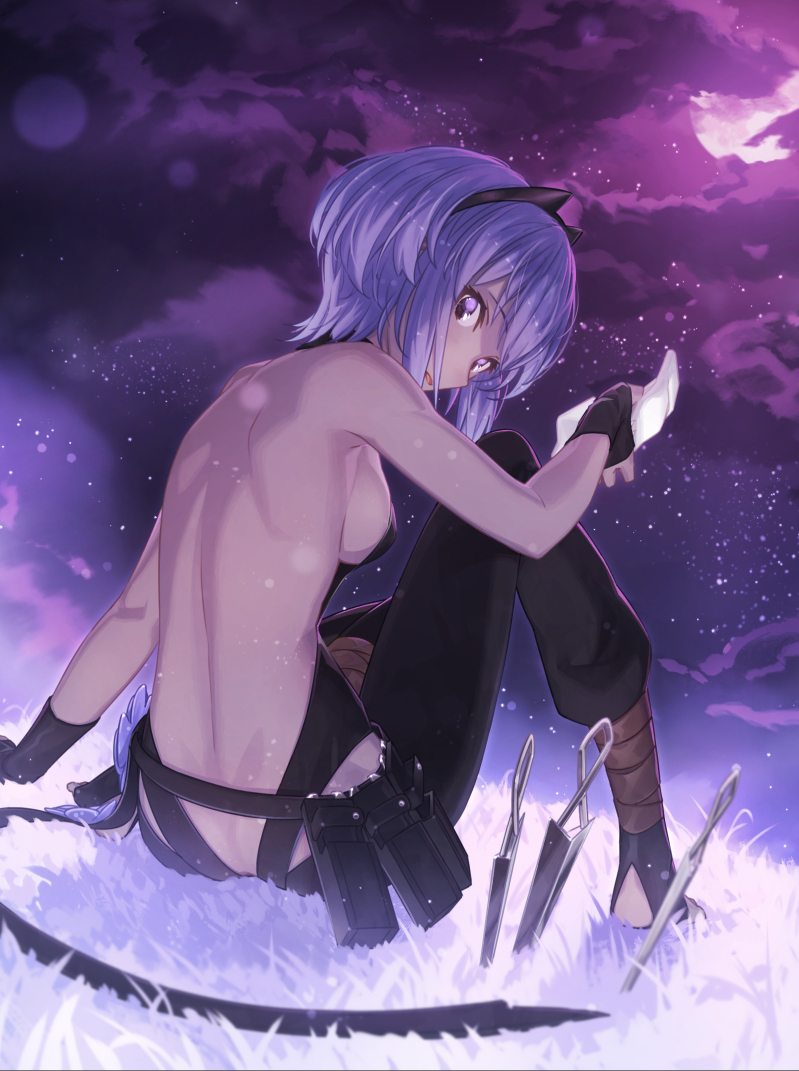 ankle_wrap arm_support bare_back bare_shoulders barefoot black_gloves black_hairband breasts cloud dark_skin fate/grand_order fate/prototype fate/prototype:_fragments_of_blue_and_silver fate_(series) fingerless_gloves from_behind gloves grass hairband hassan_of_serenity_(fate) kunai looking_at_viewer looking_back m-ya md5_mismatch medium_breasts moon night night_sky purple_eyes purple_hair short_hair sideboob sitting sky solo toeless_legwear weapon