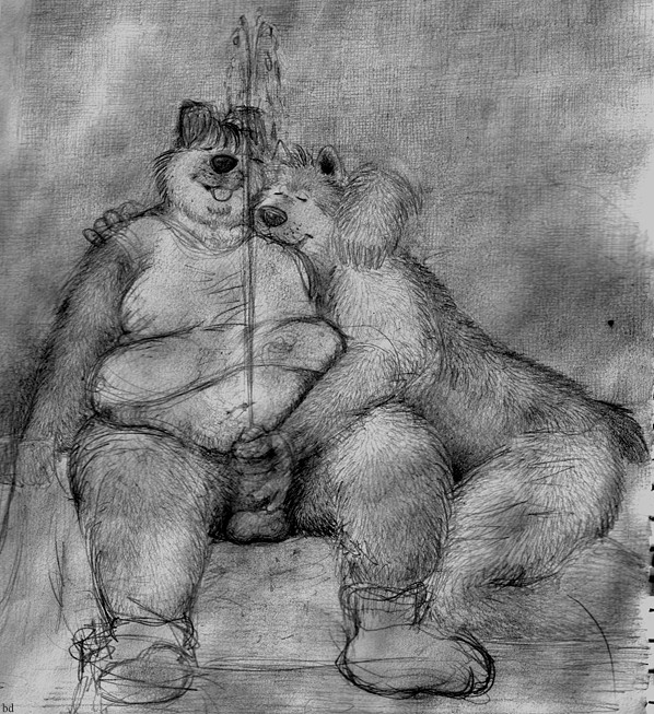 anthro balls bd belly canine clothing dog duo erection eyes_closed hand_on_penis hand_on_shoulder humanoid_penis legwear male male/male mammal navel overweight overweight_male peeing pencil_(artwork) penis relationship shirt sketch slightly_chubby smile socks tank_top tongue tongue_out traditional_media_(artwork) urine watersports