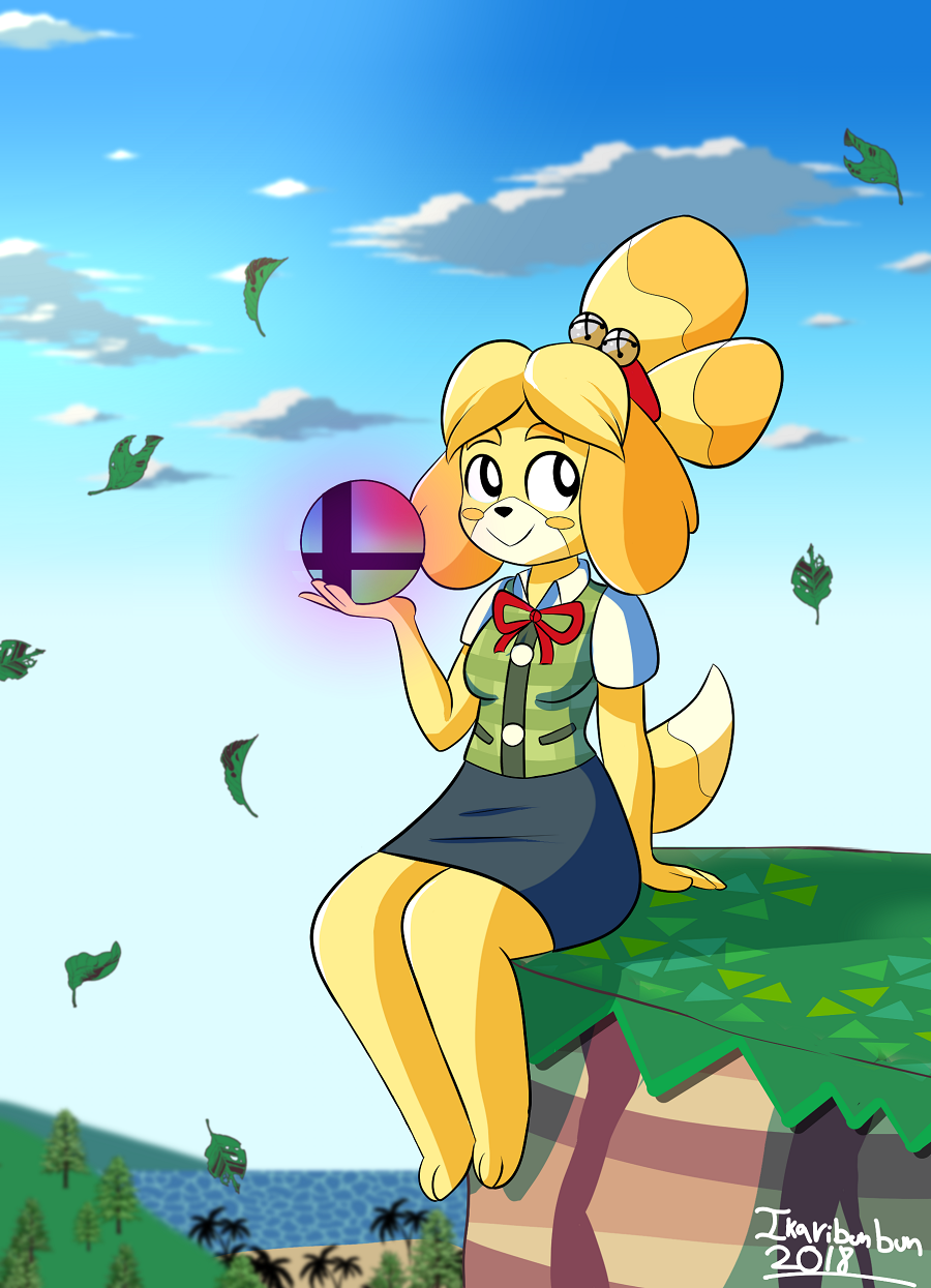 2018 animal_crossing anthro blonde_hair canine clothed clothing cloud digital_media_(artwork) dog female hair hi_res ikaribunbun isabelle_(animal_crossing) mammal nintendo outside shih_tzu sitting sky smash_ball smile solo super_smash_bros video_games