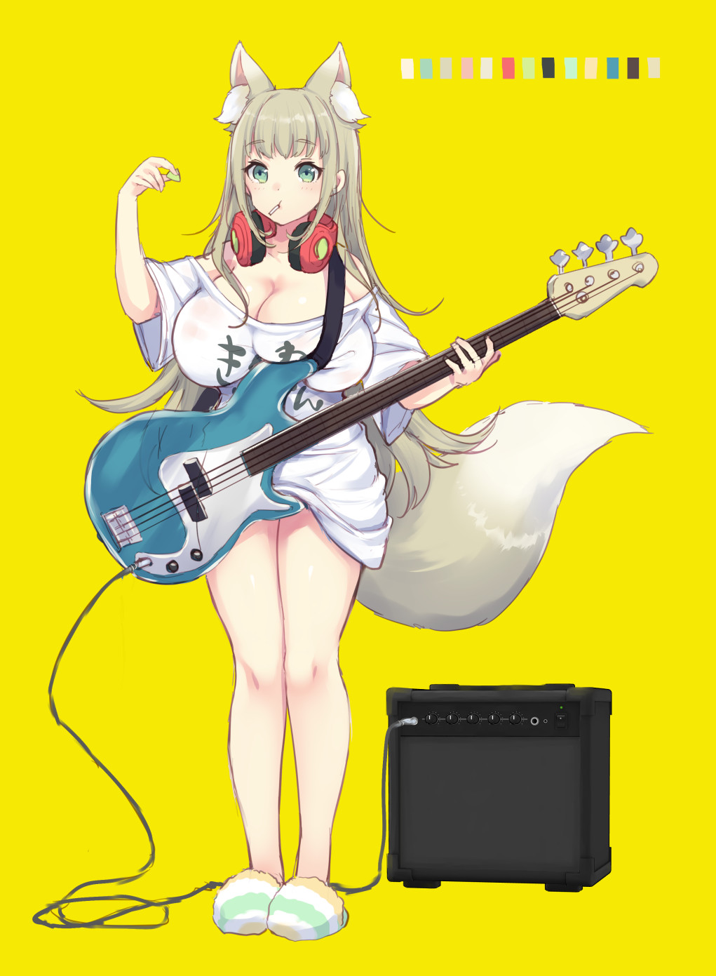 amplifier animal_ear_fluff animal_ears bangs bass_guitar blush bottomless breasts cleavage clothes_writing convenient_censoring extra_ears fox_ears fox_tail full_body green_eyes headphones headphones_around_neck highres huge_breasts instrument long_hair looking_at_viewer miyano_ururu naked_shirt no_panties off-shoulder_shirt original partially_translated plectrum shirt simple_background slippers solo tail translation_request white_shirt
