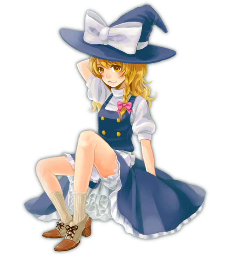 arm_up blonde_hair bow braid brown_footwear full_body grimace hair_bow hat hat_bow high_heels kirisame_marisa long_hair mad39 navy_blue_hat navy_blue_skirt parted_lips pink_bow short_sleeves single_braid sitting socks solo touhou white_bow witch_hat yellow_eyes